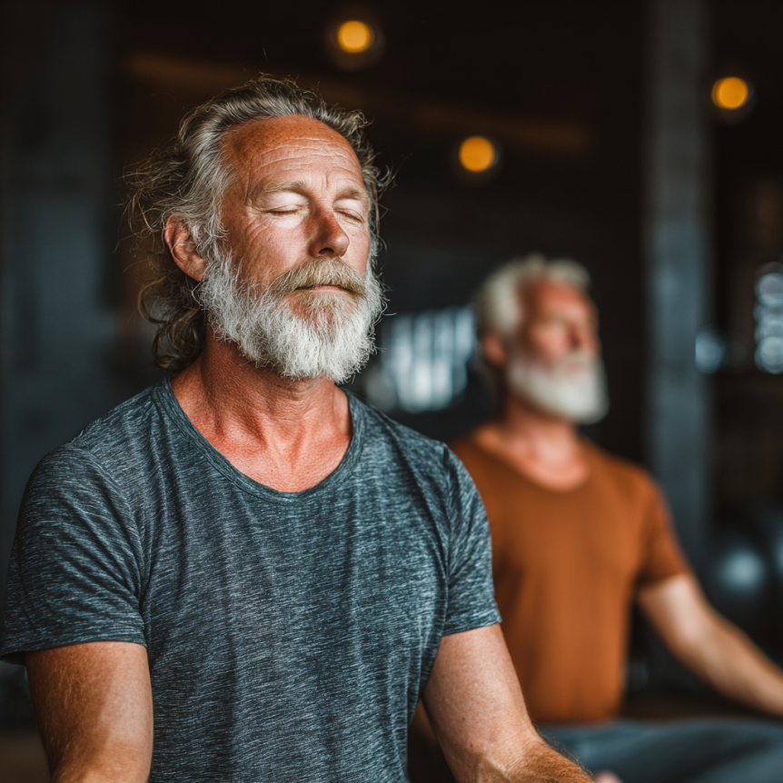 Група възрастни хора на йога