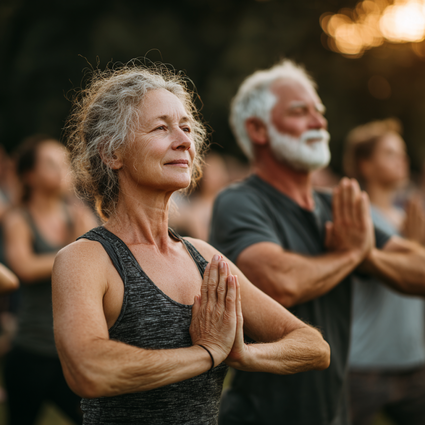 Възрастна жена практикува йога